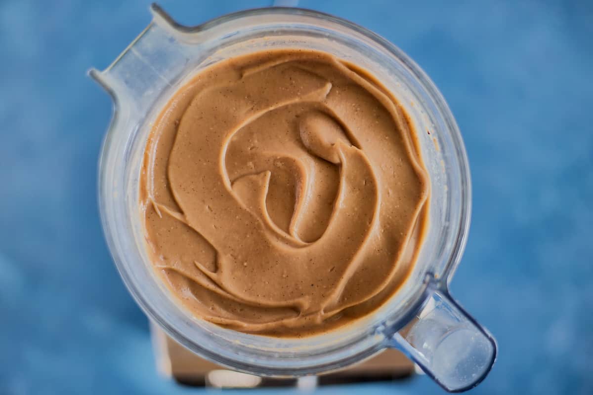 chestnut puree in a blender with the top removed to see the color and texture of the finished puree