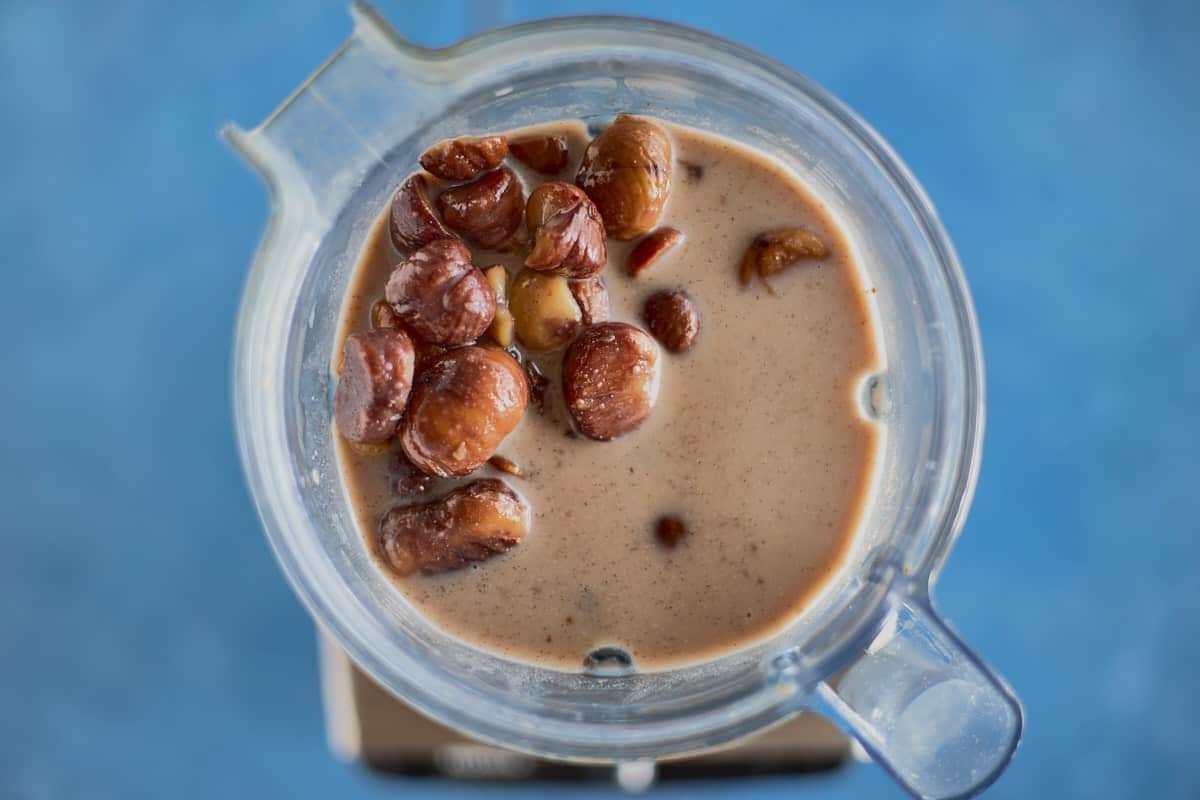 cooked chestnut puree ingredients in a blender, just before blending together