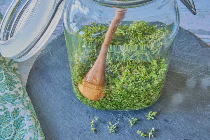 corsican mint leaves and vodka in a large jar with a wooden spoon on a stone tray with a napkin and sprigs of mint leaves in the foreground
