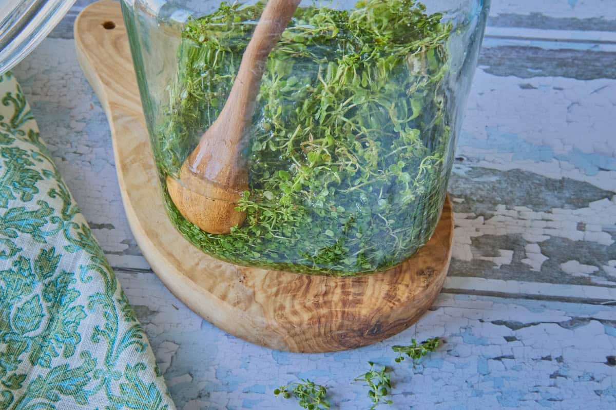 corsican mint leaves and vodka in a large jar with a wooden spoon inside on a wooden board with a napkin and some mint leaves in the foreground