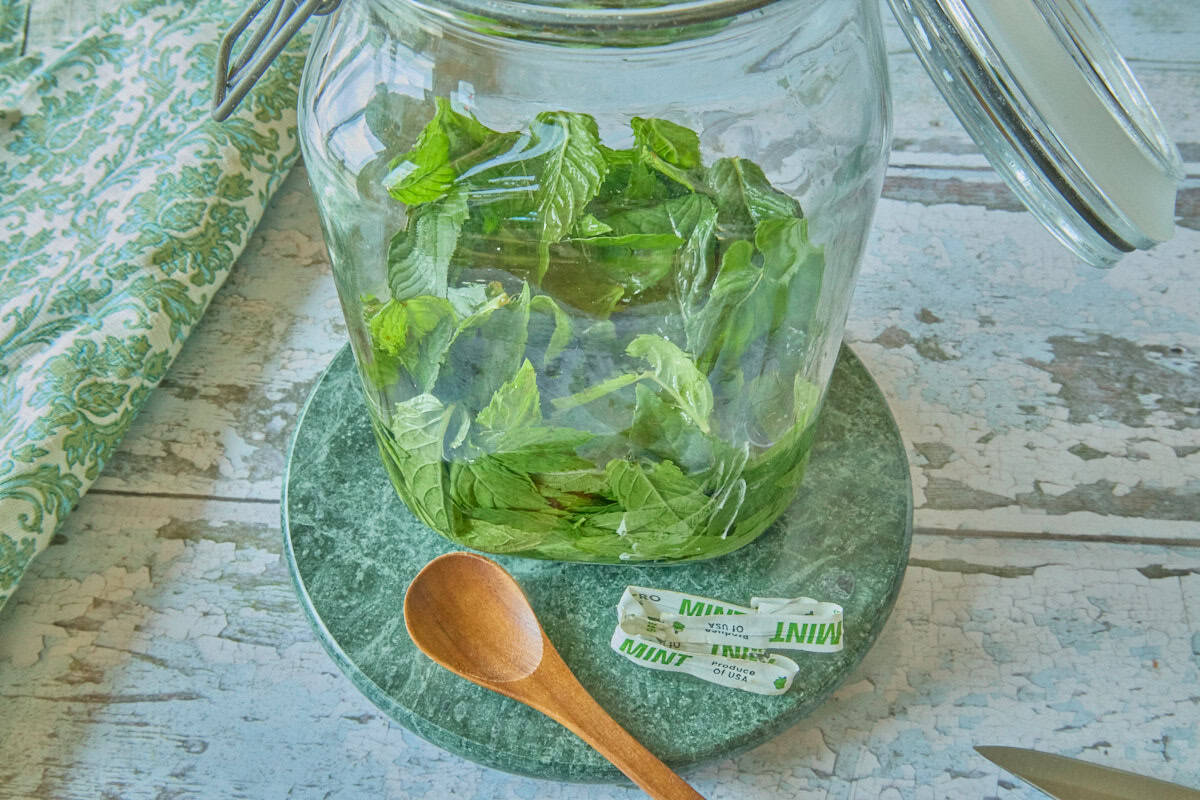 a large jar of grocery store mint leaves and vodka on a stone tray with a wooden spoon and a twist tie from the mint, and a napkin and paring knife