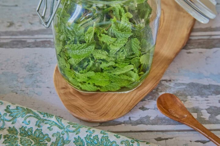 kentucky colonel mint leaves in a large jar with vodka on a wooden board, with a wooden spoon and a napkin in the foreground