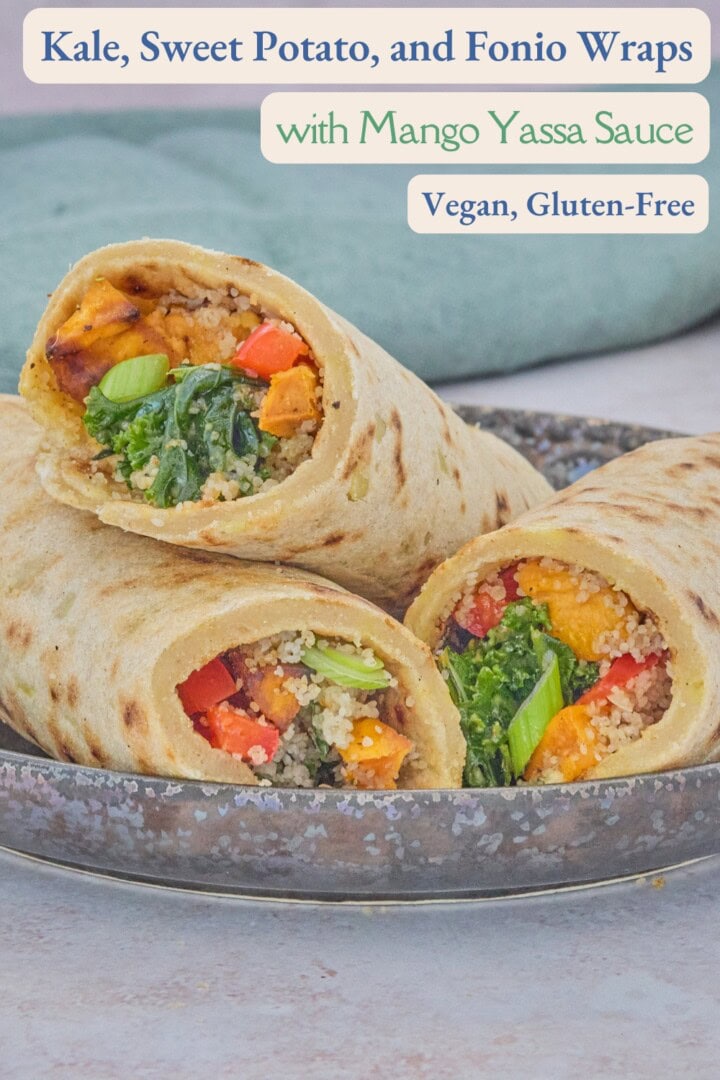 three tortilla wraps in a dish filled with kale, sweet potato, and fonio with mango yassa sauce, with a green napkin in the background