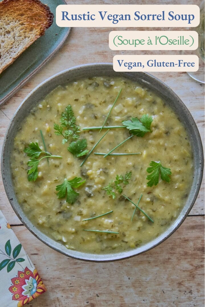 a bowl of sorrel soup with fresh herb garnishes on top, and a plate of toast and glass of white wine in the background, with a provençal-print napkin in the foreground