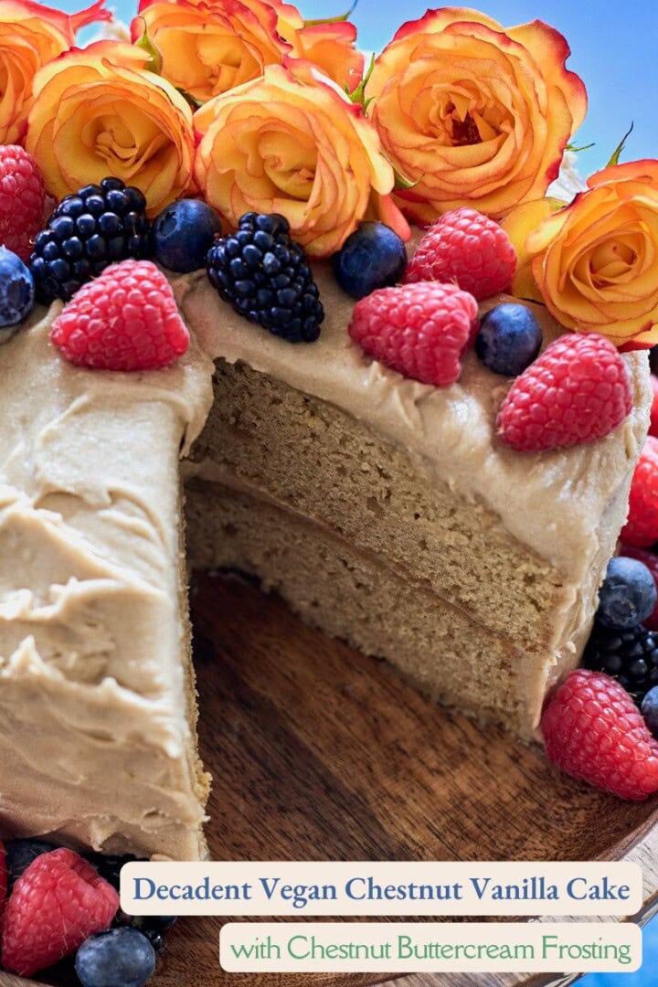 a cake on a wooden cake stand with one slice removed, and berries and roses around the cake, and a napkin in the background, with a labeled title on the photo