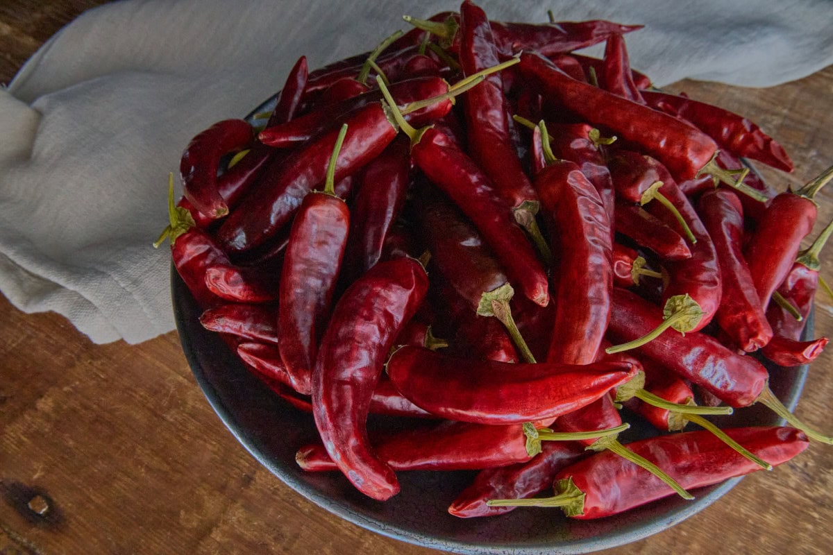 dried korean hong gochu peppers in a dish with a kitchen towel in the background