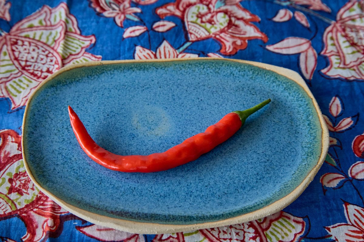 a fresh kashmiri pepper on a plate atop a napkin