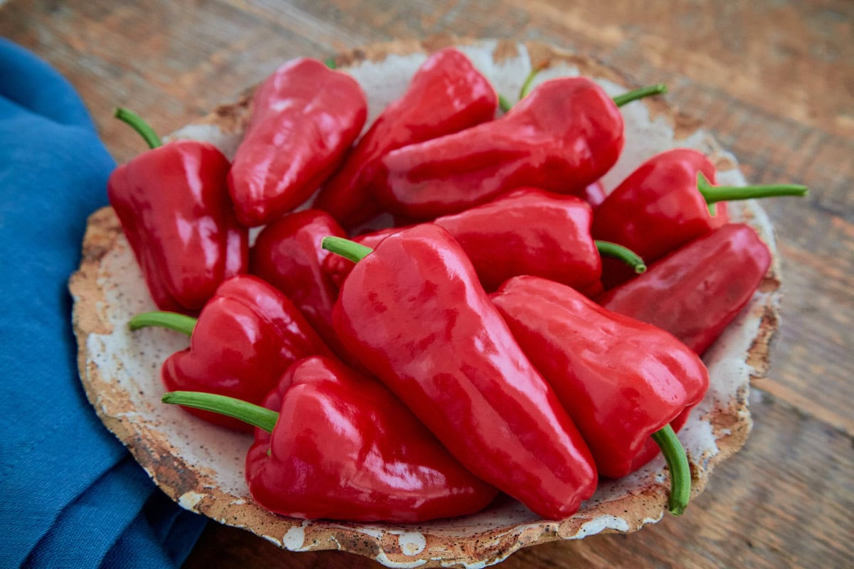 fresh leutschauer paprika peppers in a bowl with a napkin alongside