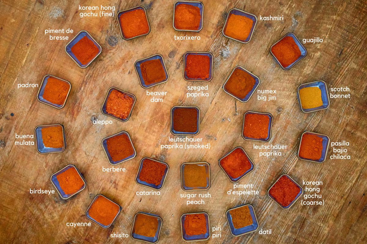 individual bowls of ground pepper powders with labels for each variety of pepper