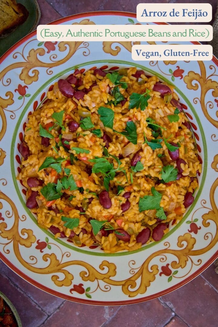a labeled photo of a bowl of beans and rice with a piece of bread, almonds, and a napkin in the background