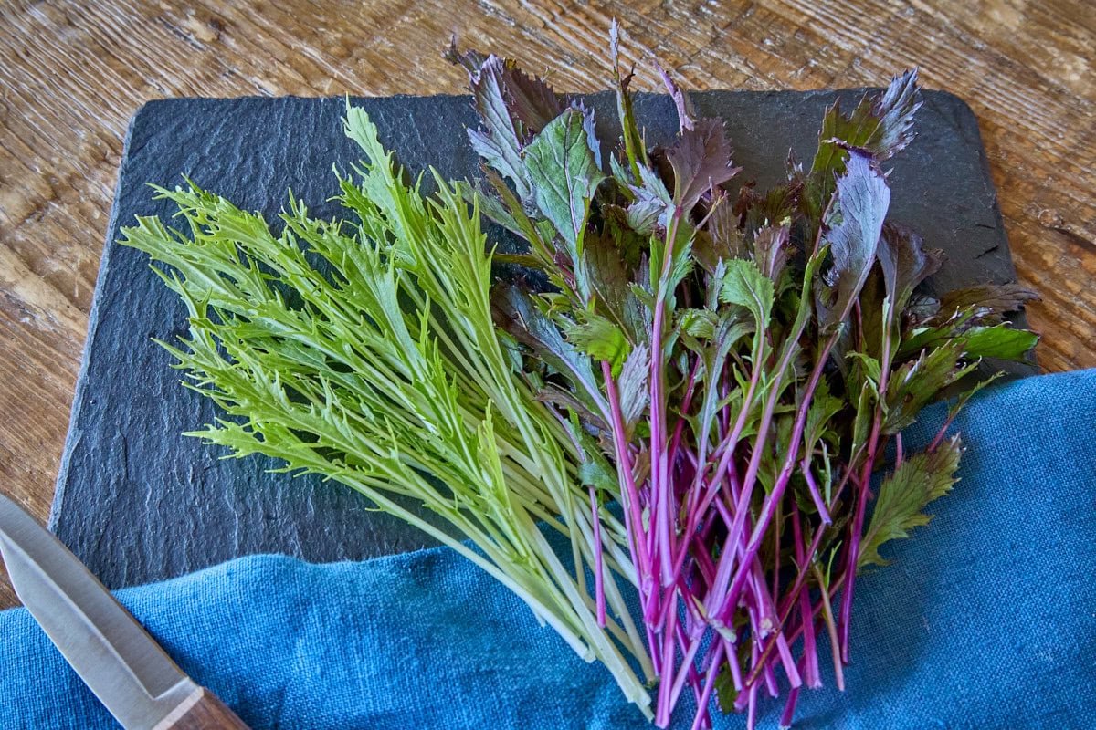 freshly-picked early and japanese pink mizuna stems on a stone board on a rustic wood table with a knife and napkin in the background