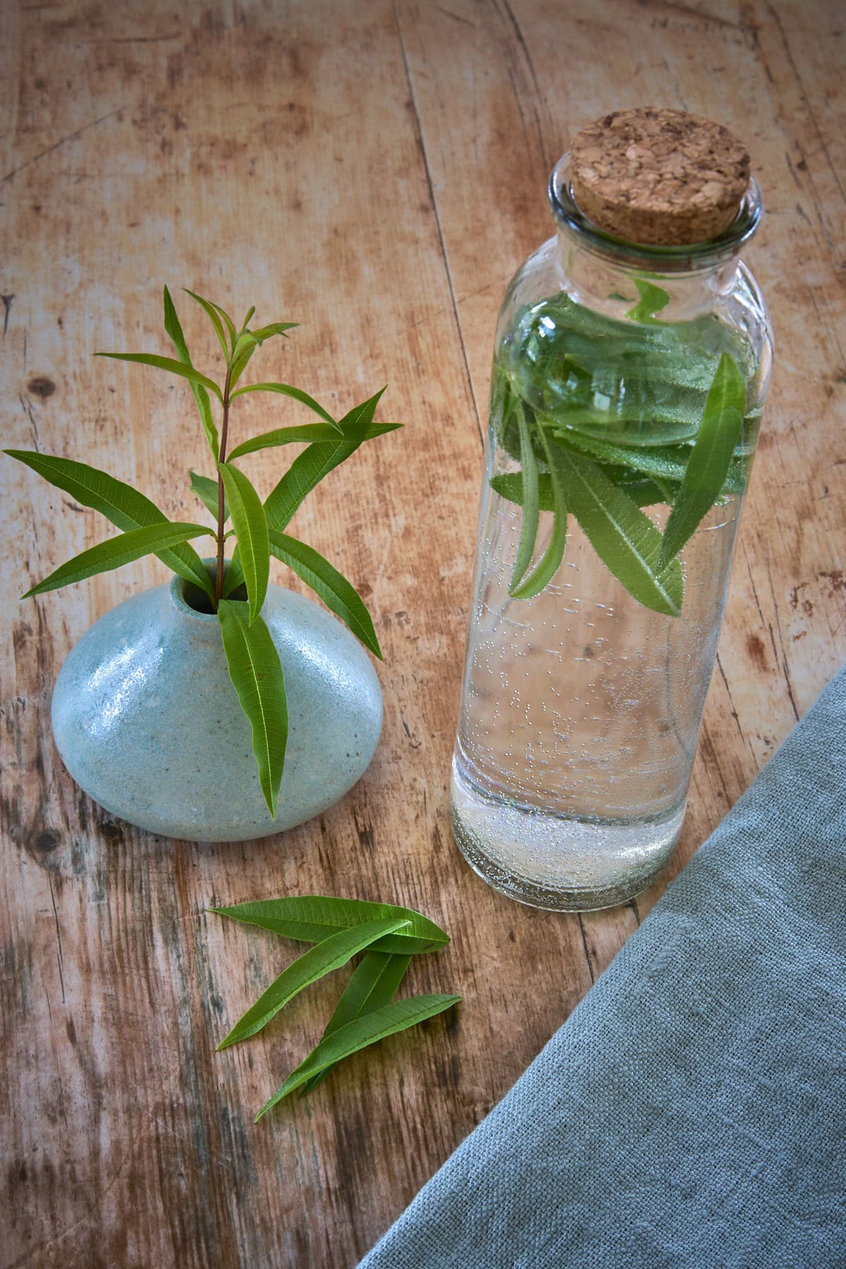 fresh lemon verbena leaves in a small vase, in a small jar with vodka, and a few on a table with a napkin alongside