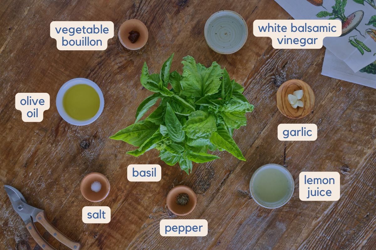 labeled ingredients for green basil vinaigrette