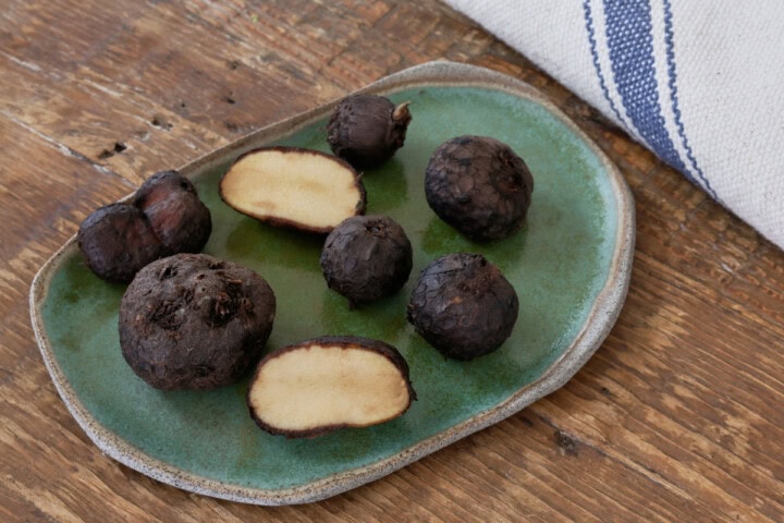 raw african potato mint tubers on a plate on a rustic table with a kitchen towel in the background