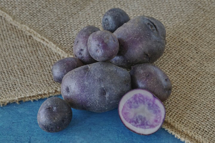 all blue potatoes on burlap on a background