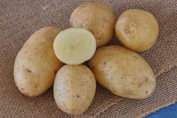 german butterball potatoes on burlap over a background