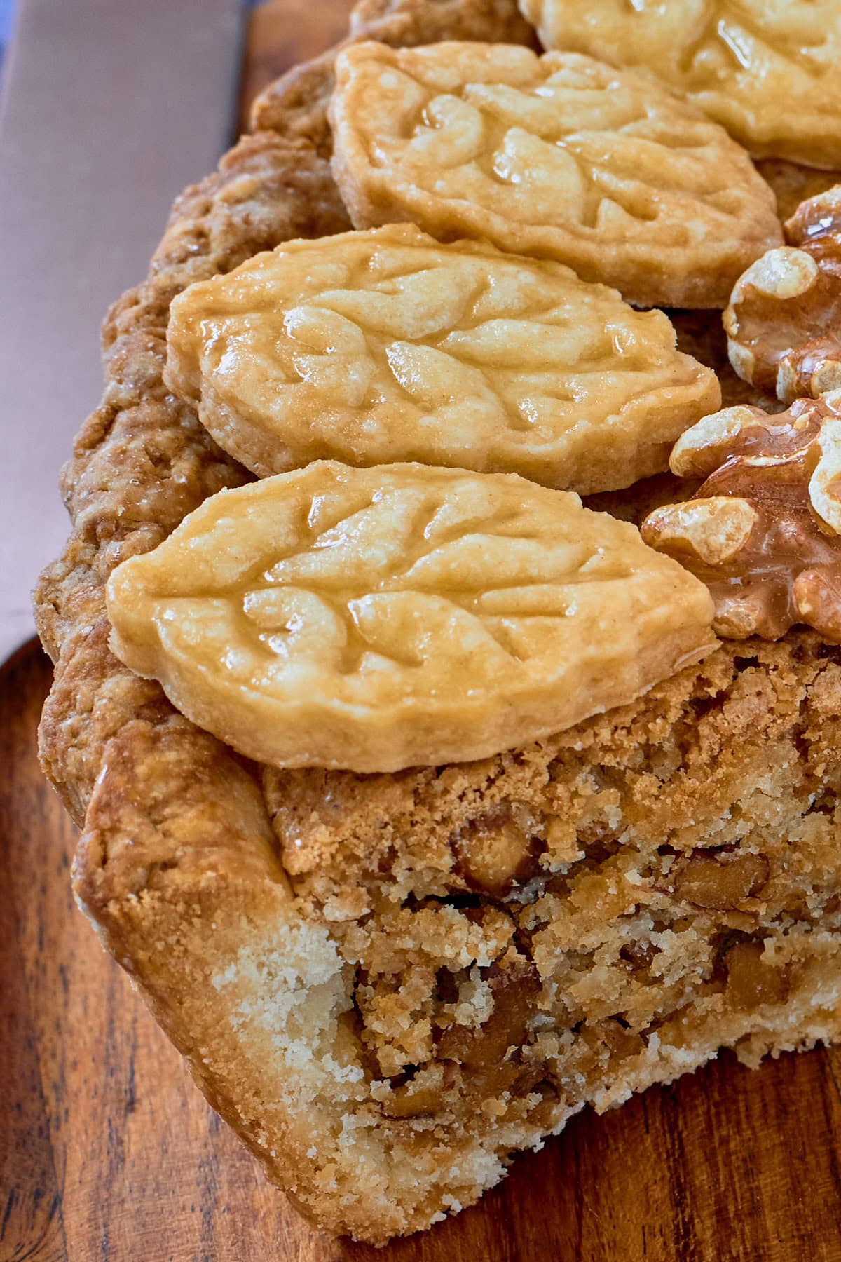a closeup of a slice of tart on a cutting board
