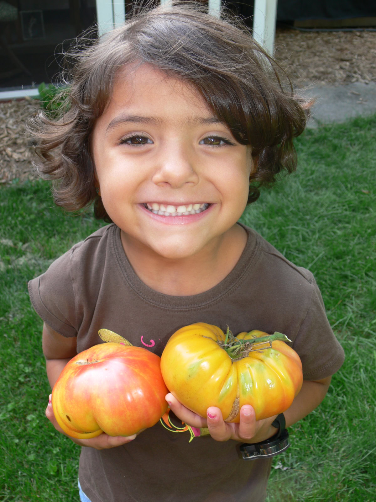 a young girl stading outside and holding 2 large multicolor tomatoes