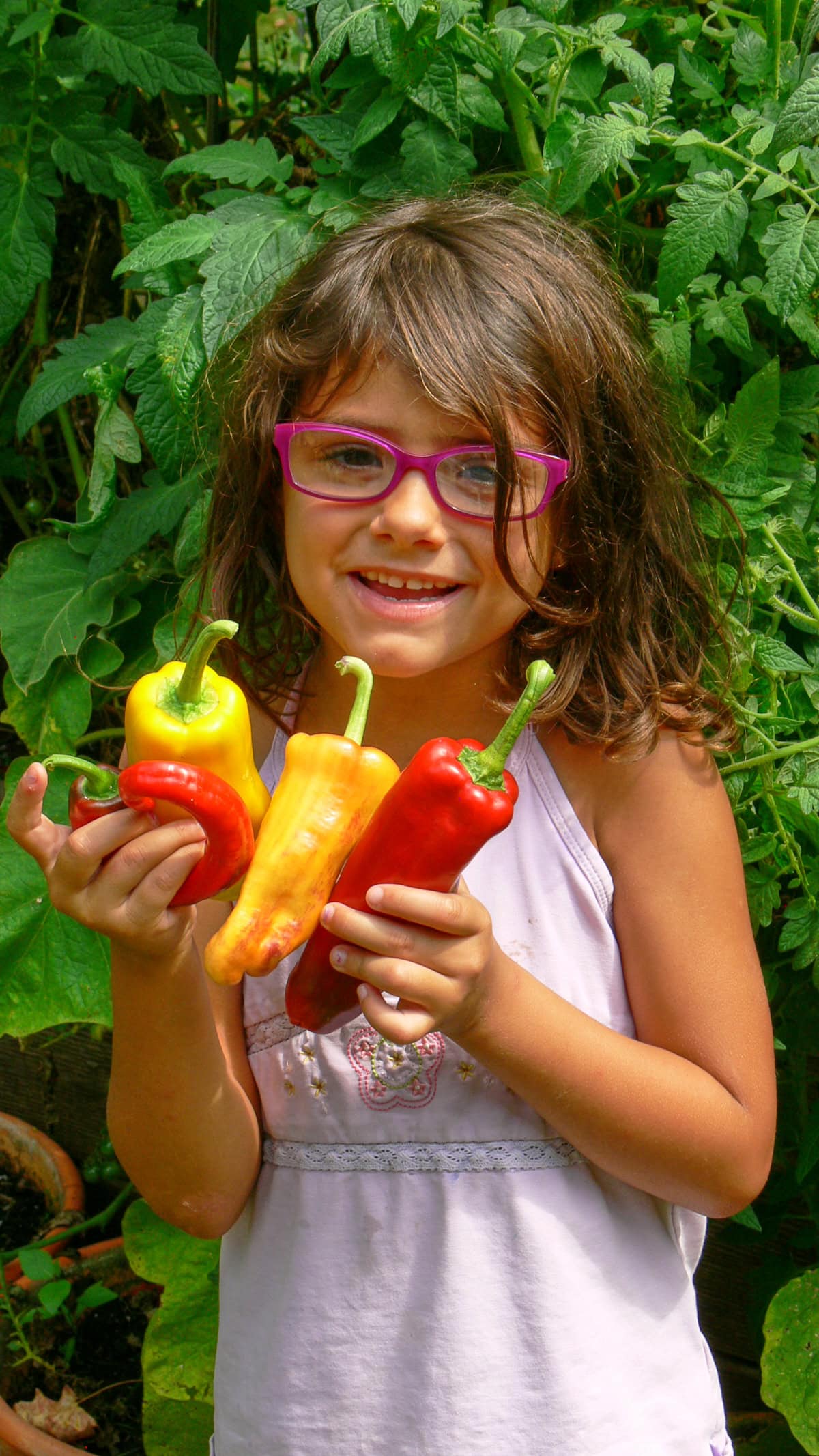 a young girl standing in front of a garden holding freshly-picked peppers