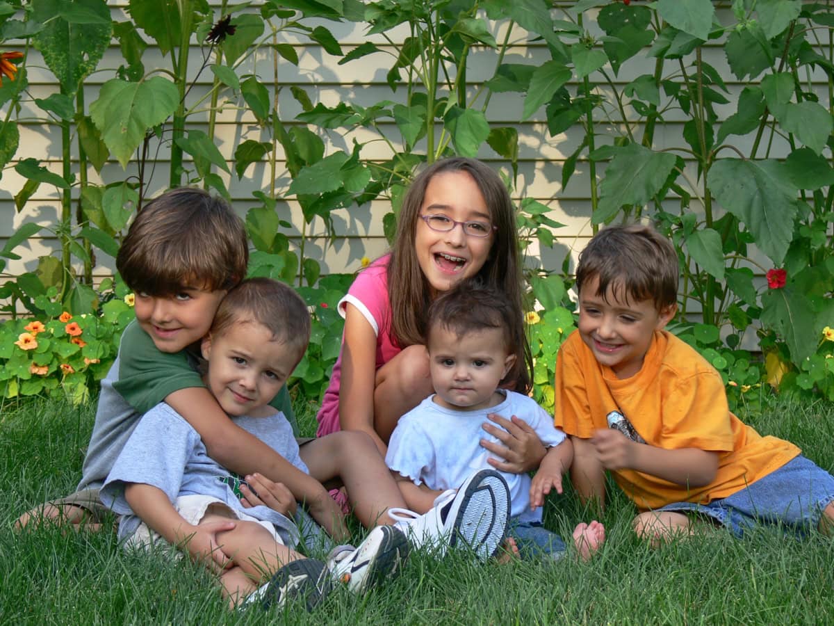 5 young kids sitting in the grass in front of some nasturtiums and sunflowers