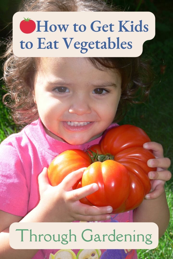 a labeled photo of a young girl standing outside holding a tomato