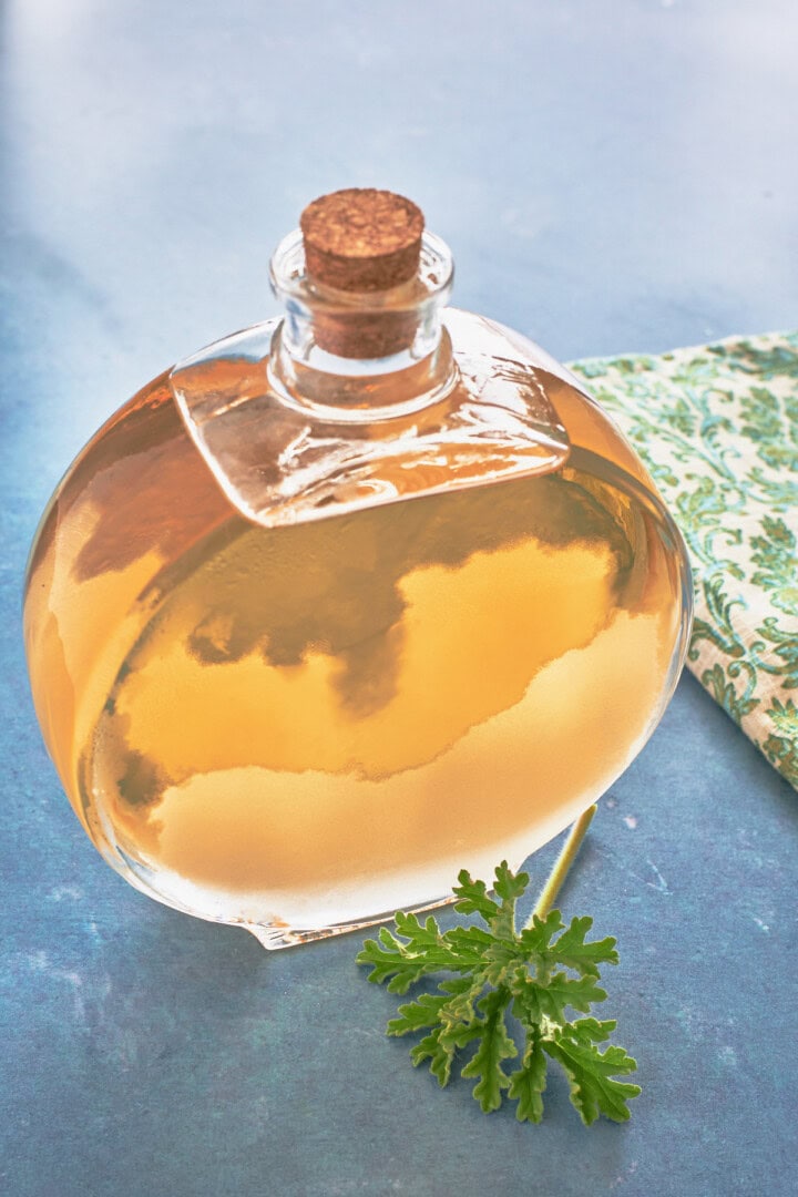 grey lady plymouth scented geranium liqueur in a bottle with a cork with a fresh leaf in front and a napkin alongside