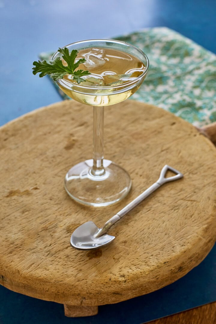 liqueur in a glass with ice and a fresh leaf, a napkin, a wood tray, and a shovel-shaped spoon